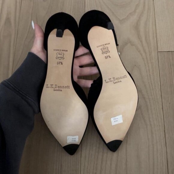 L.K. Bennett Black Suede Pump Pom Pom Trim Ankle Strap - Picture 4 of 7